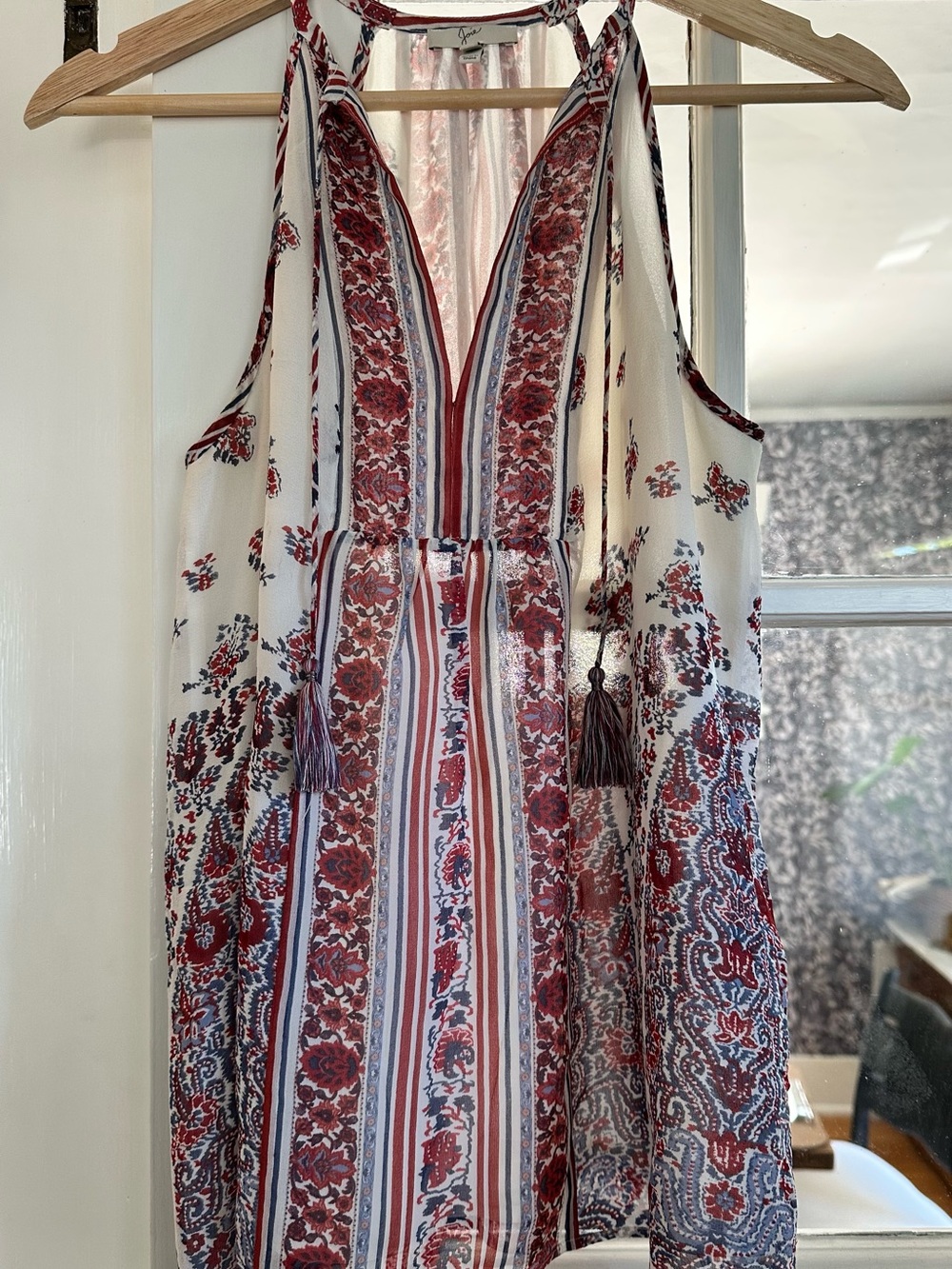 Joie Cream Tunic Top with Red & Blue Floral Stripes